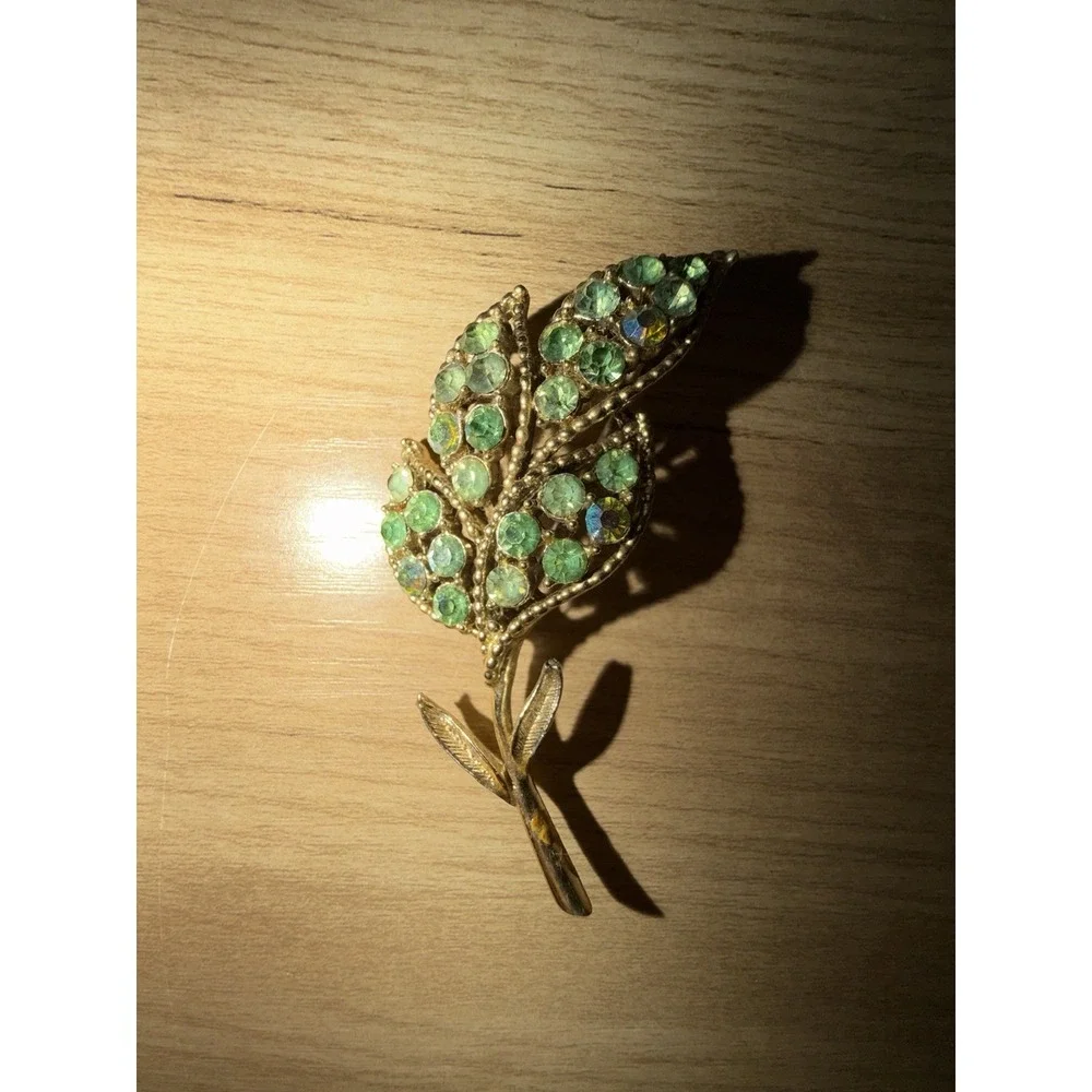 Vintage Leaf Spray Brooch Green Rhinestone Gold Tone Plant Spring MCM